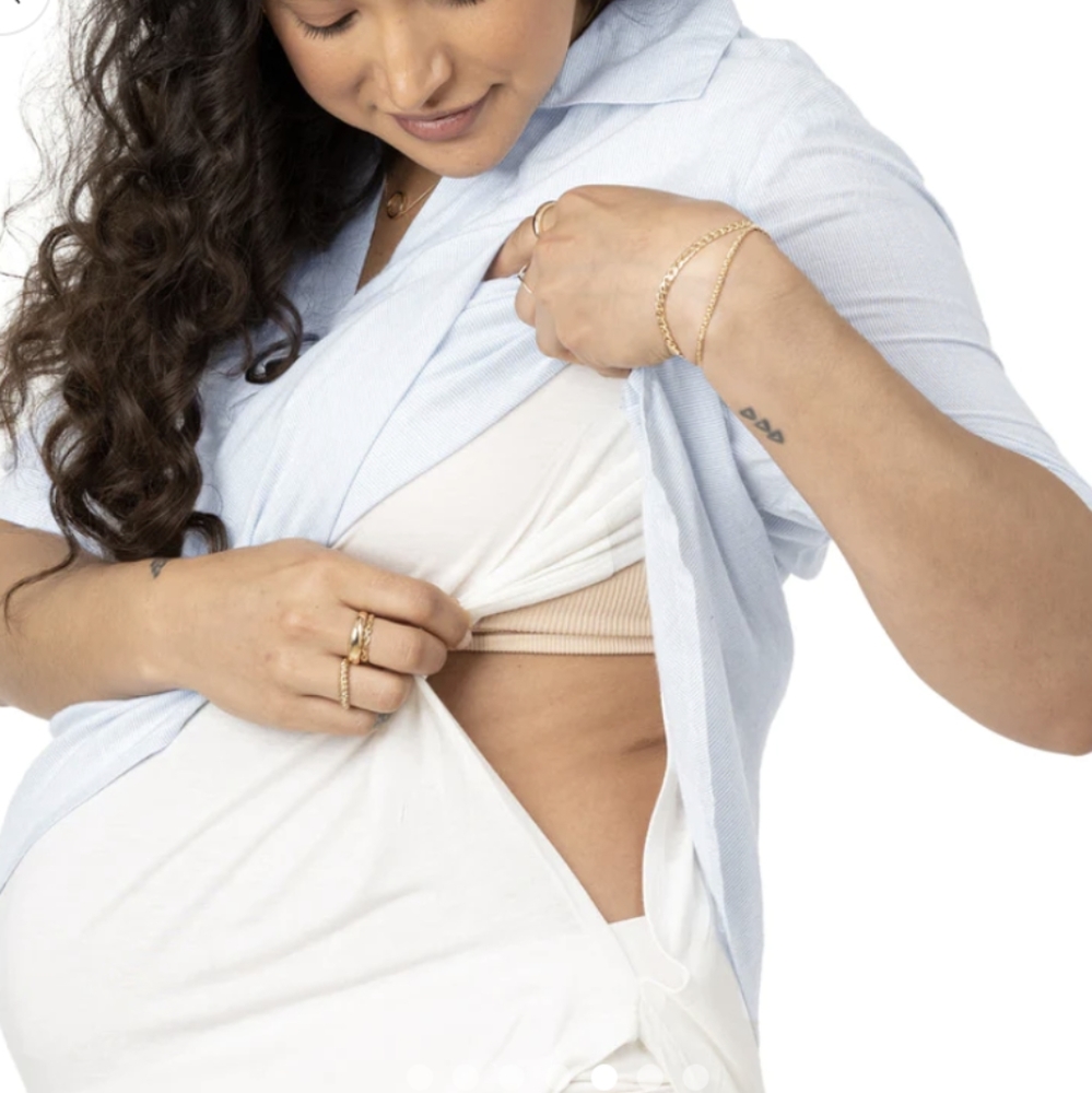 Kindred Bravely Oversized Nursing & Maternity Collared Top | Blue Pinstripe - M
